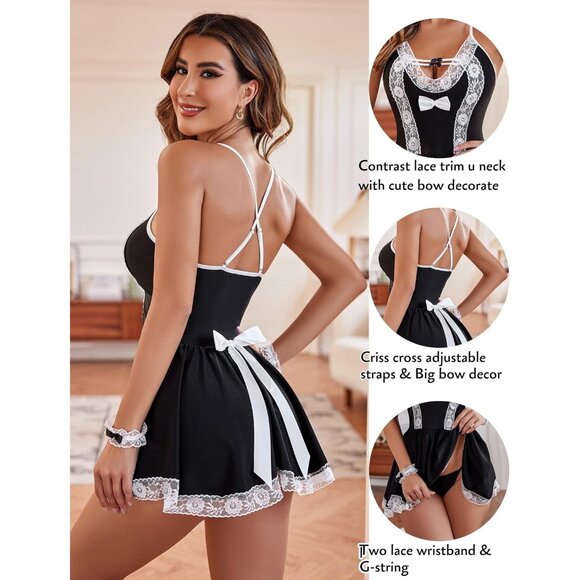 Cosplay Lingerie Set Mesh Chemise Lace Roleplay Outfit 4 Piece Strap Nightwear - Picture 2 of 6